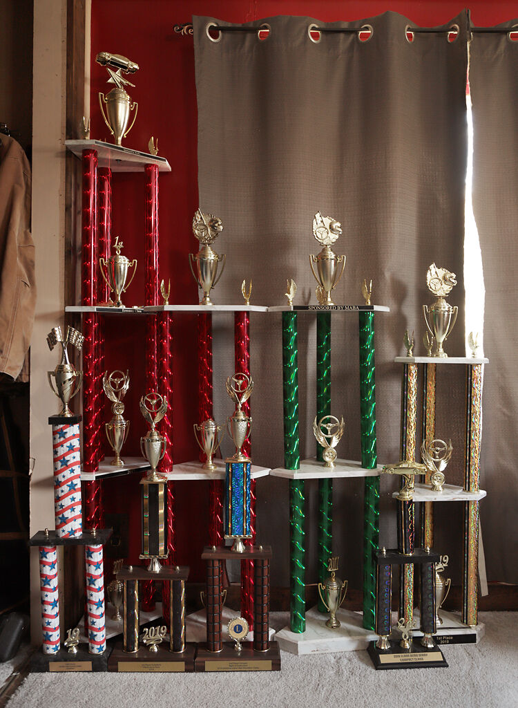 Demolition derby trophies are on display